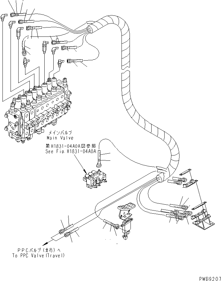 Komatsu parts book diagram for PC228UU-1-MO S/N 10001-UP: PPC MAIN LINE (VALVE PPC) (VALVE UPPER LINE) (1 ACTUATOR) (TUNNEL SPEC.)(#10325-10573)
