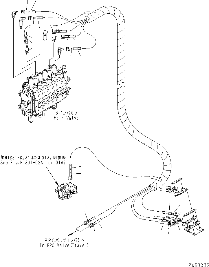 Komatsu parts book diagram for PC228UU-1-MO S/N 10001-UP: PPC MAIN LINE (VALVE PPC) (VALVE UPPER LINE) (FOR MONO BOOM)(#10325-10573)