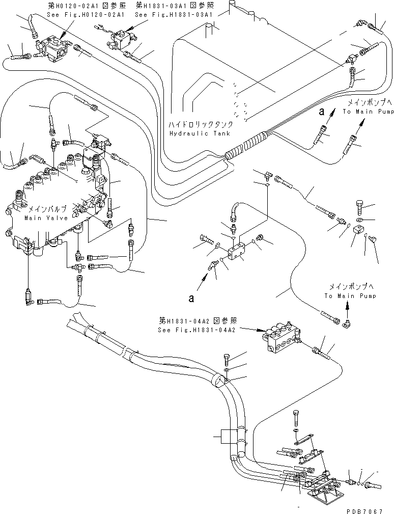 Komatsu parts book diagram for PC228UU-1-MO S/N 10001-UP: PPC MAIN LINE (HOSE) (2 ACTUATOR) (FOR MONO BOOM)(#10022-10573)