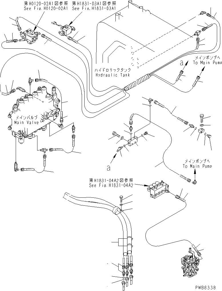 Komatsu parts book diagram for PC228UU-1-MO S/N 10001-UP: PPC MAIN LINE (HOSE) (2 ACTUATOR) (FOR MONO BOOM) (4WAY)(#10325-10573)
