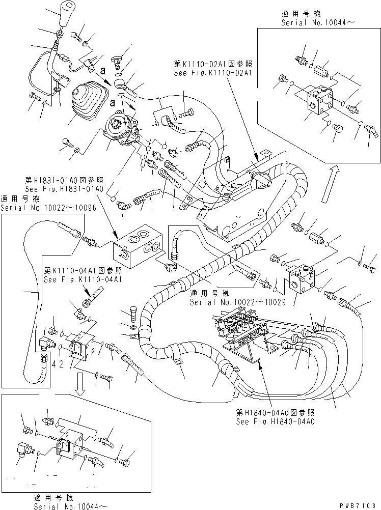 Komatsu parts book diagram for PC228UU-1-MO S/N 10001-UP: FLOOR FRAME (LEVER AND PIPING) (R.H.)(#10022-10573)