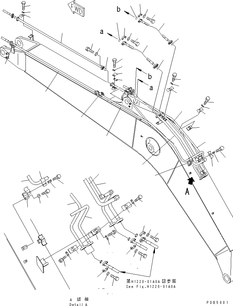 Komatsu parts book diagram for PC228UU-1-MO S/N 10001-UP: MONO-BOOM (5.7M) (ARM CYLINDER LINE AND BUCKET CYLINDER LINE)(#10022-10573)