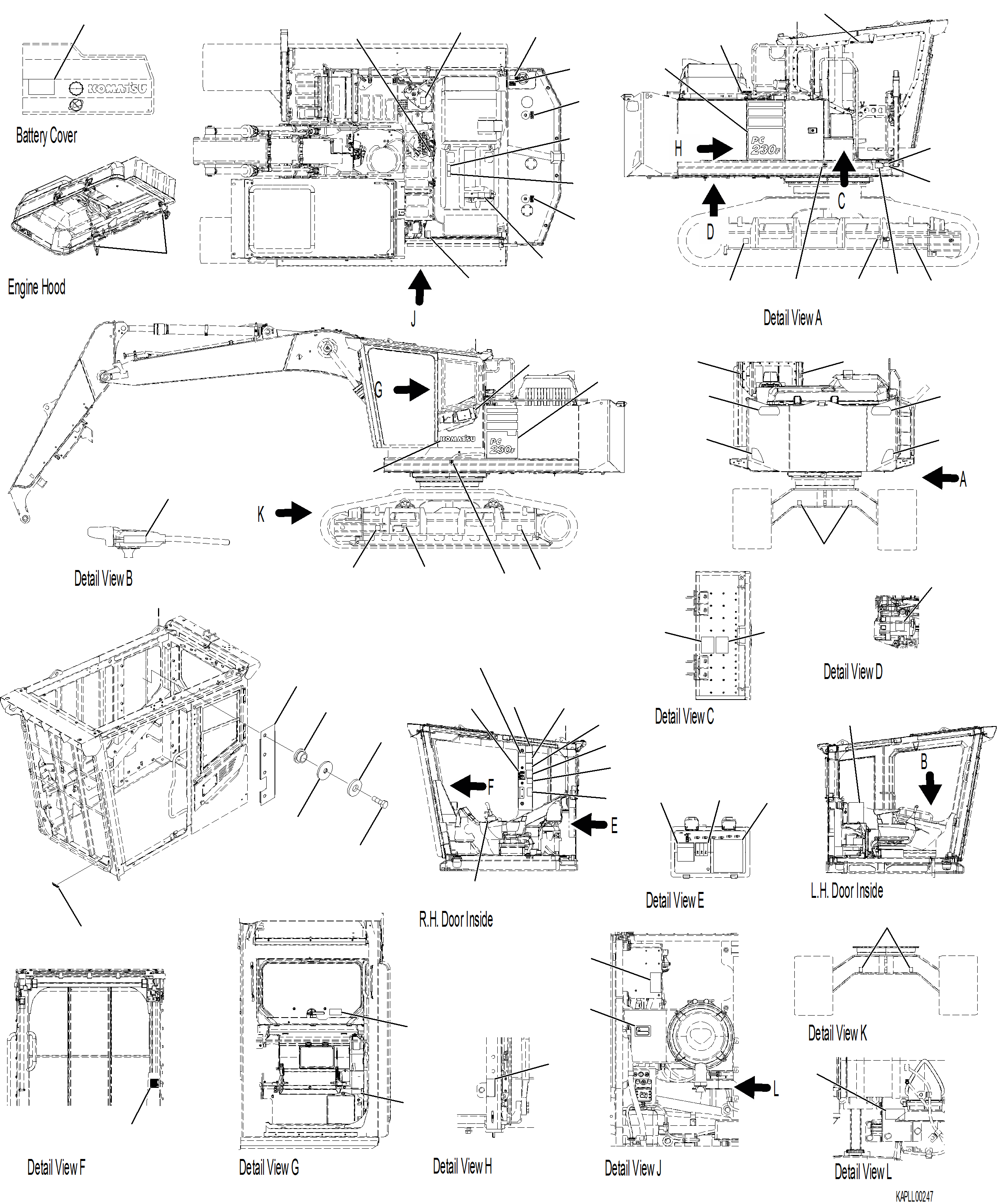 Komatsu parts book diagram for PC230F-11 SN A20700-UP: U0100-001001 MARKS AND PLATES
