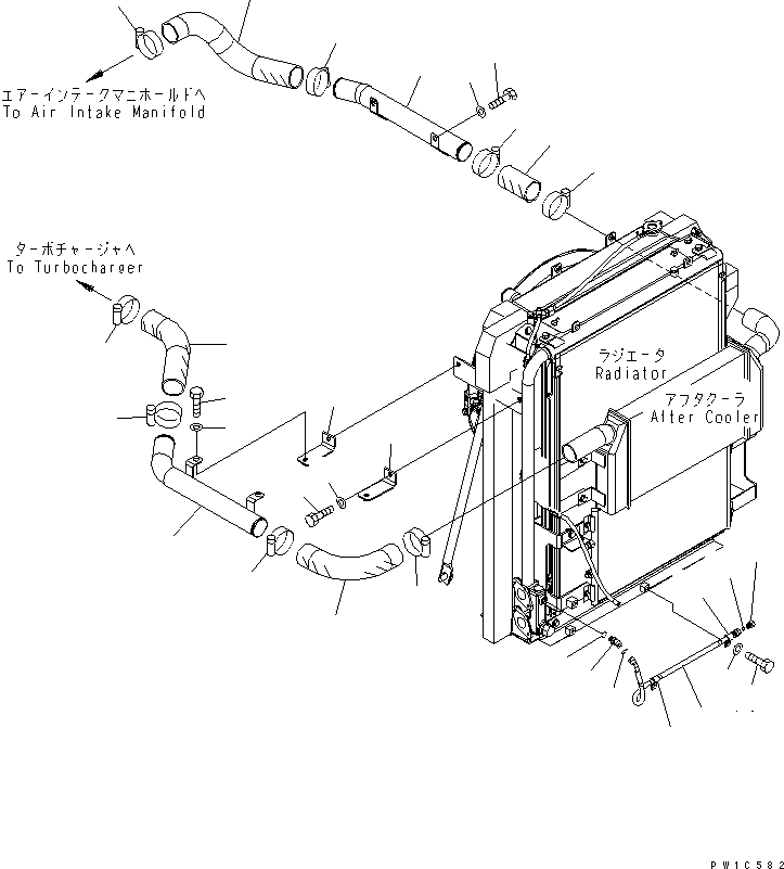 Komatsu parts book diagram for PC230LC-7-BA S/N 11001-UP: COOLING (AFTER COOLER PIPING) (WITH AIR CONDITIONER)(#11001-15000)
