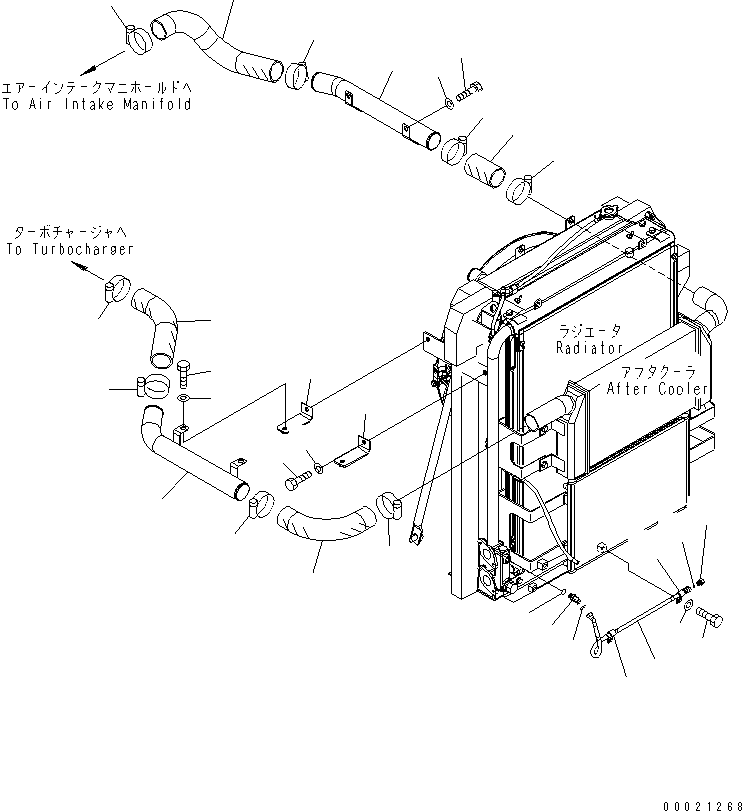 Komatsu parts book diagram for PC230LC-7-BA S/N 11001-UP: COOLING (AFTER COOLER PIPING) (WITH AIR CONDITIONER)(#15001-)