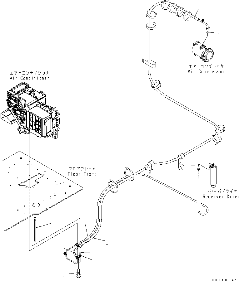 Komatsu parts book diagram for PC230LC-7-BA S/N 11001-UP: FLOOR FRAME (OPERATOR'S CAB) (AIR CONDITIONER HOSE)(#15001-)