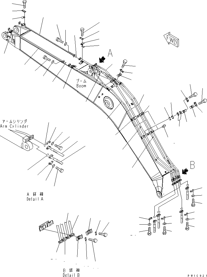 Komatsu parts book diagram for PC230LC-7-BA S/N 11001-UP: BOOM (HD) (FOR ADDITIONAL PIPING) (ARM CYLINDER LINE AND BUCKET CYLINDER LINE)