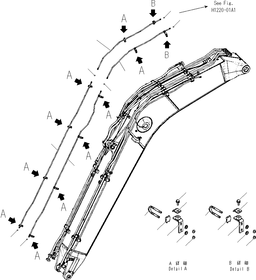 Komatsu parts book diagram for PC240NLC-8K S/N K50001-UP: BOOM (QUICK COUPLER) (PIPING) (1-PIECE BOOM)