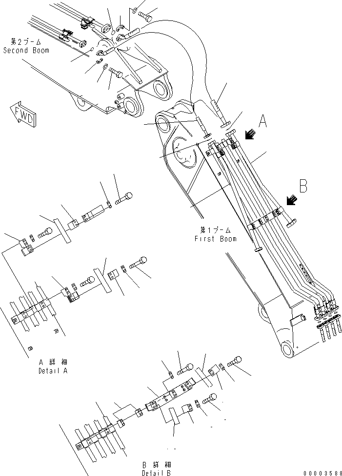 Komatsu parts book diagram for PC240NLC-8K S/N K50001-UP: 2-PIECE BOOM (ADDITIONAL LINE) (1ST BOOM SIDE)