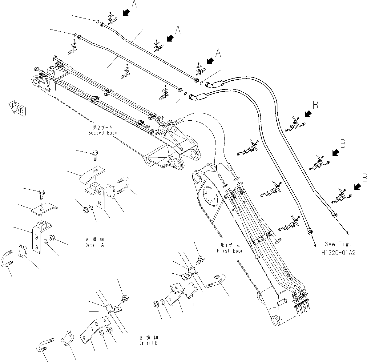 Komatsu parts book diagram for PC240NLC-8K S/N K50001-UP: 2-PIECE BOOM (QUICK COUPLER) (PIPING) (#K50123-K50639)