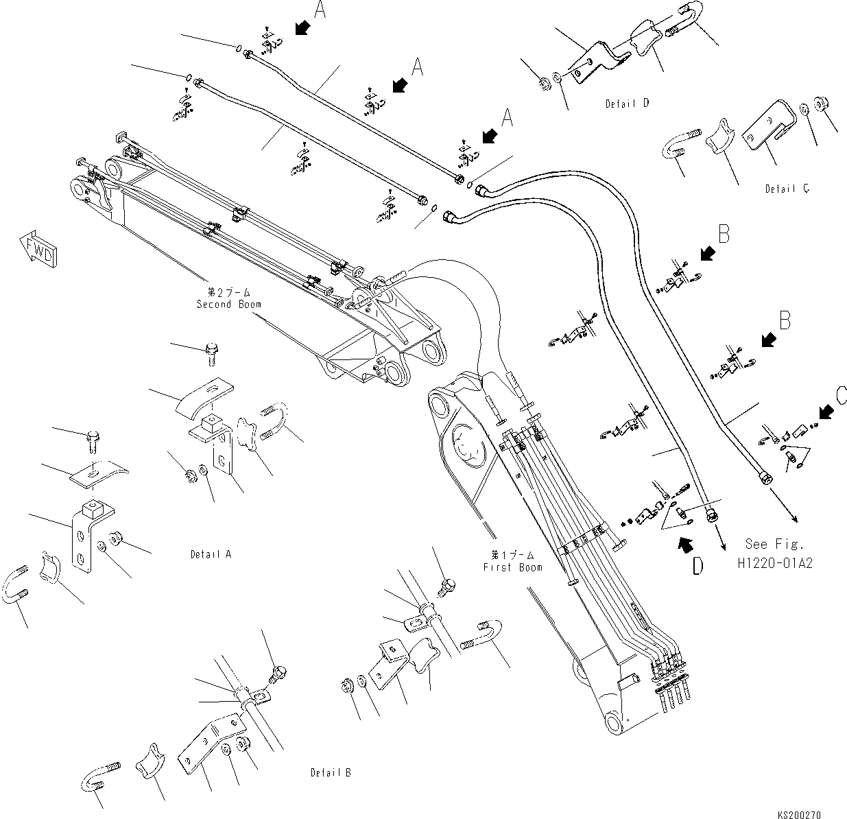 Komatsu parts book diagram for PC240NLC-8K S/N K50001-UP: 2-PIECE BOOM (QUICK COUPLER) (PIPING) (#K50640-)