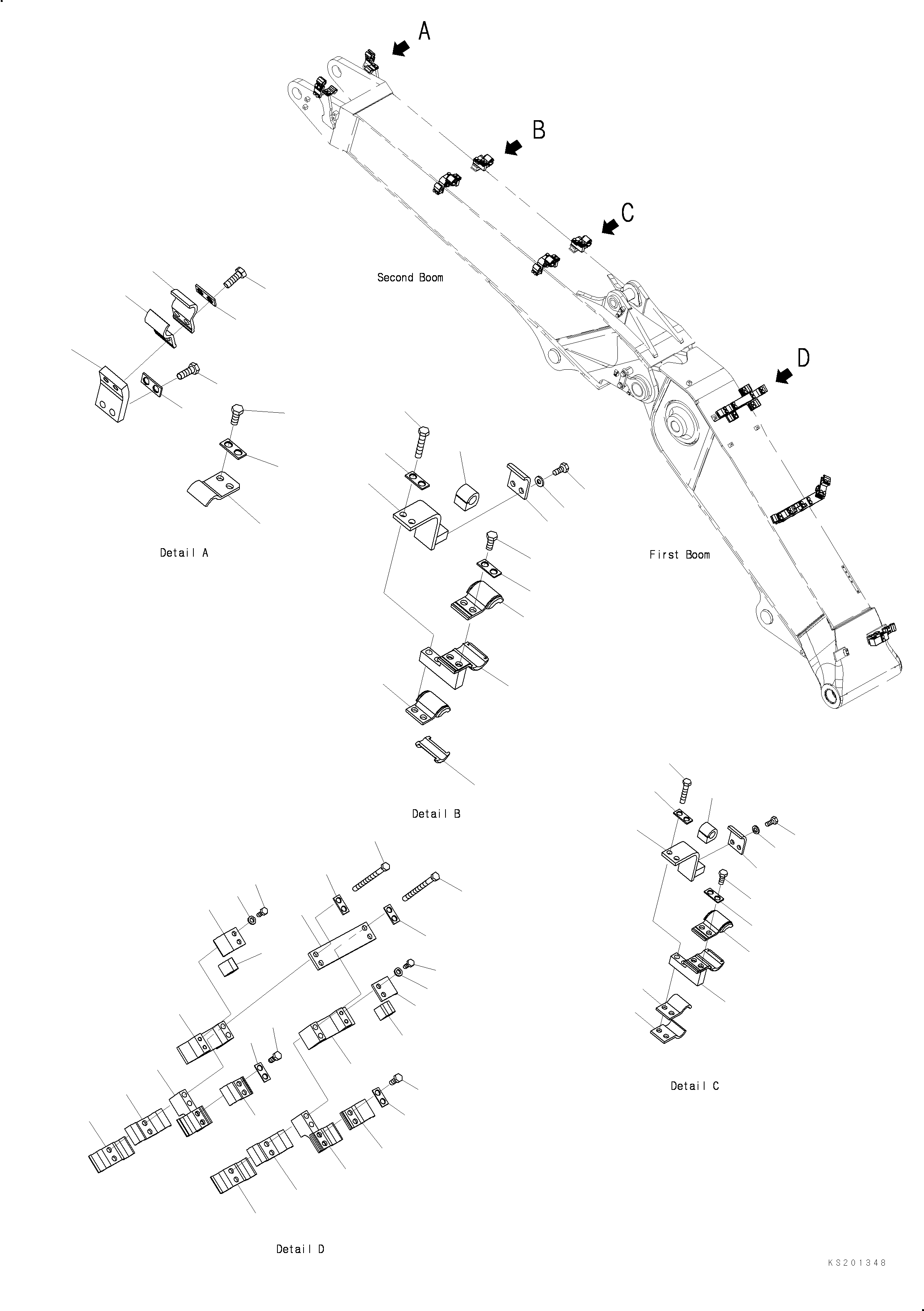 Komatsu parts book diagram for PC240NLC-8K S/N K50001-UP: 2-PIECE BOOM (2ATT ASV CLAMPING) (1/2)