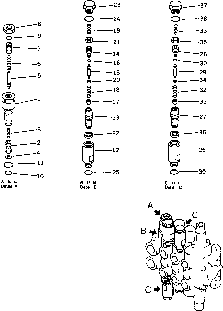 Excavators Komatsu / PC25-1 S/N 1001-UP(pc25-1c) / HYDRAULIC CONTROL VALVE (3-SPOOL) (2/2) (FOR POWER TILT          MECHANICAL ANGLE BLADE)(150080 : H0122-52A3)