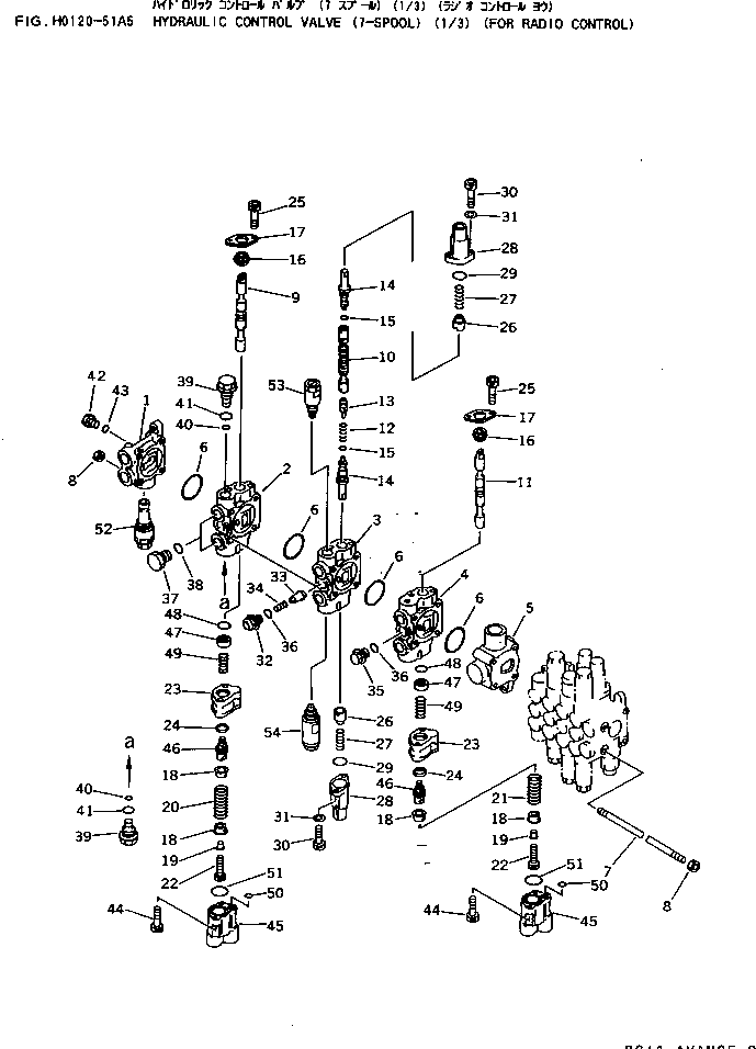 Komatsu parts book diagram for PC25R-1 S/N 1001-UP: HYDRAULIC CONTROL VALVE (7-SPOOL) (1/3) (FOR RADIO CONTROL)