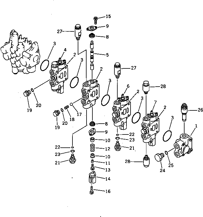 Excavators Komatsu / PC28UU-1 S/N 1001-UP(pc28uu0c) / HYDRAULIC CONTROL VALVE (2/3) (6-SPOOL)(#1001-3652)(180100 : 6202)