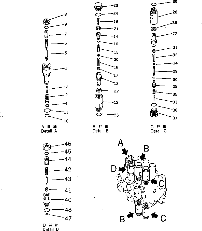Excavators Komatsu / PC28UU-1 S/N 1001-UP(pc28uu0c) / HYDRAULIC CONTROL VALVE (2/2) (3-SPOOL) (FOR POWER TILT          MECHANICAL ANGLE BLADE)(#3653-)(180190 : 6216)