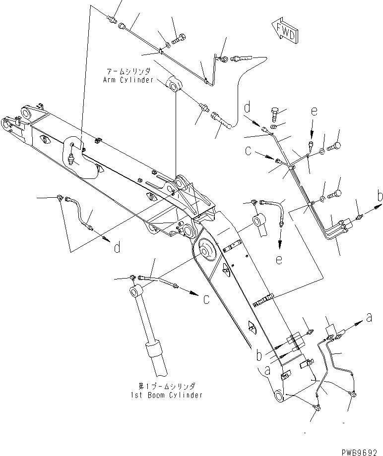 Komatsu parts book diagram for PC290LC-6K S/N K30001-UP: BOOM (LUBRICATING LINE) (2-PIECE BOOM)