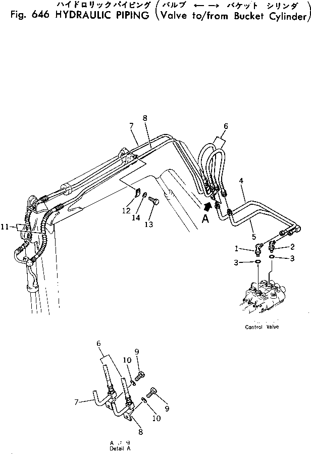 Excavators Komatsu / PC30-1 S/N 1001-UP(pc30-1r) / HYDRAULIC PIPING (VALVE TO/FROM BUCKET CYLINDER)(180210 : 646)