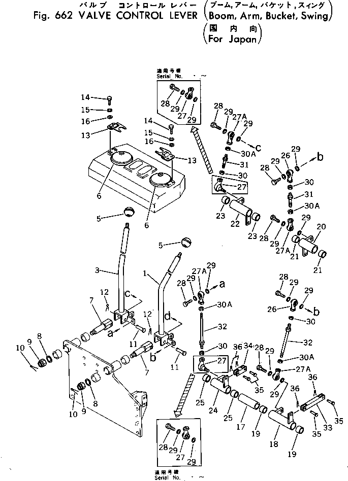 Excavators Komatsu / PC30-1 S/N 1001-UP(pc30-1r) / VALVE CONTROL LEVER (BOOM ?ARM ?BUCKET ?SWING)(FOR JAPAN)(180250 : 662)