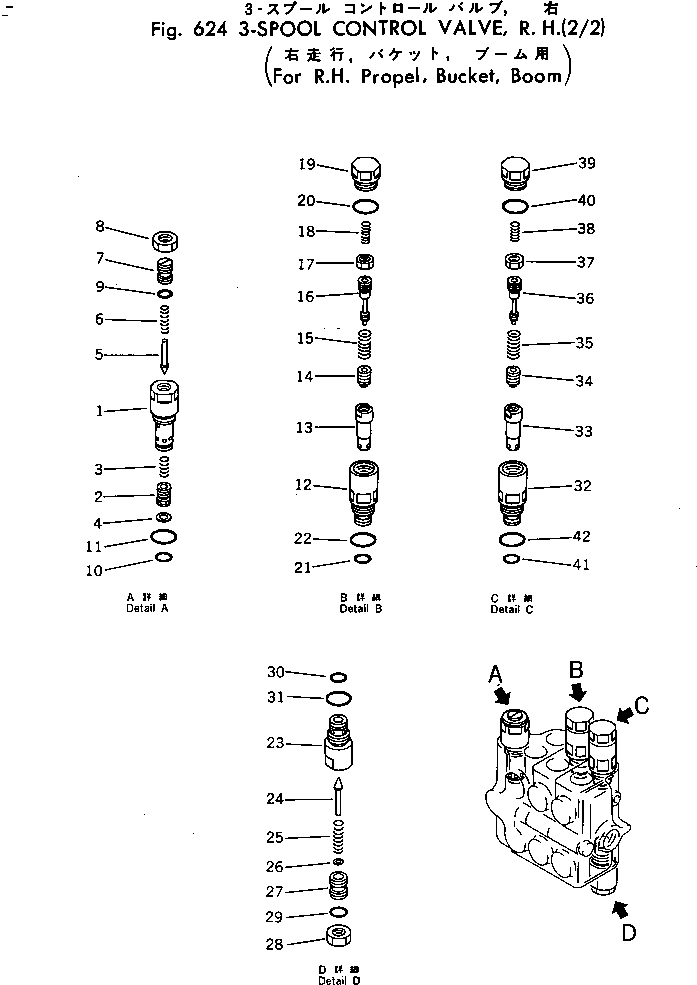 Komatsu parts book diagram for PC30-3 S/N 2601-UP: 3-SPOOL CONTROL VALVE ? R.H. (2/2)(FOR R.H.TRAVEL ?BUCKET ?BOOM)