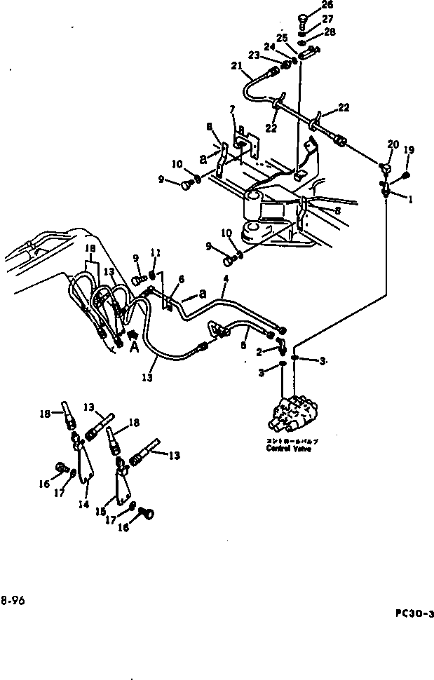 Komatsu parts book diagram for PC30-3 S/N 2601-UP: HYDRAULIC PIPING (VALVE TO/FROM BOOM CYLINDER) (TBG SPEC.)
