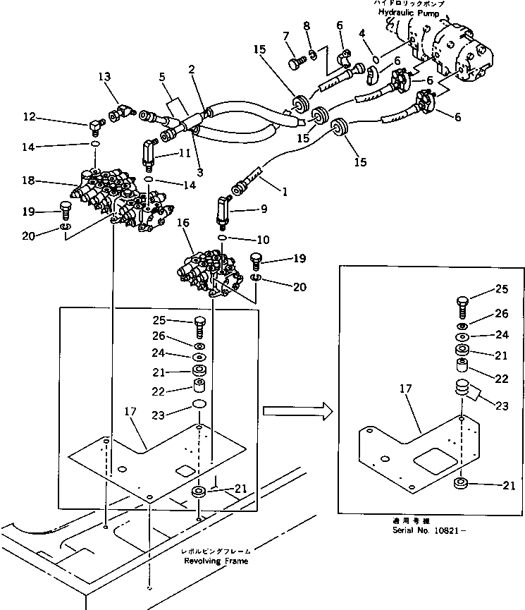 Komatsu parts book diagram for PC30-6 S/N 10001-UP: HYDRAULIC PIPING (PUMP TO VALVE) (FOR ATTACHMENT)