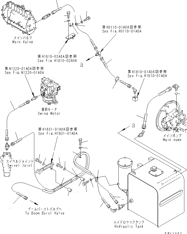 Komatsu parts book diagram for PC300-6Z S/N 30001-UP: DRAIN LINES (WITH BOOM BURST VALVE)(#33001-33465)