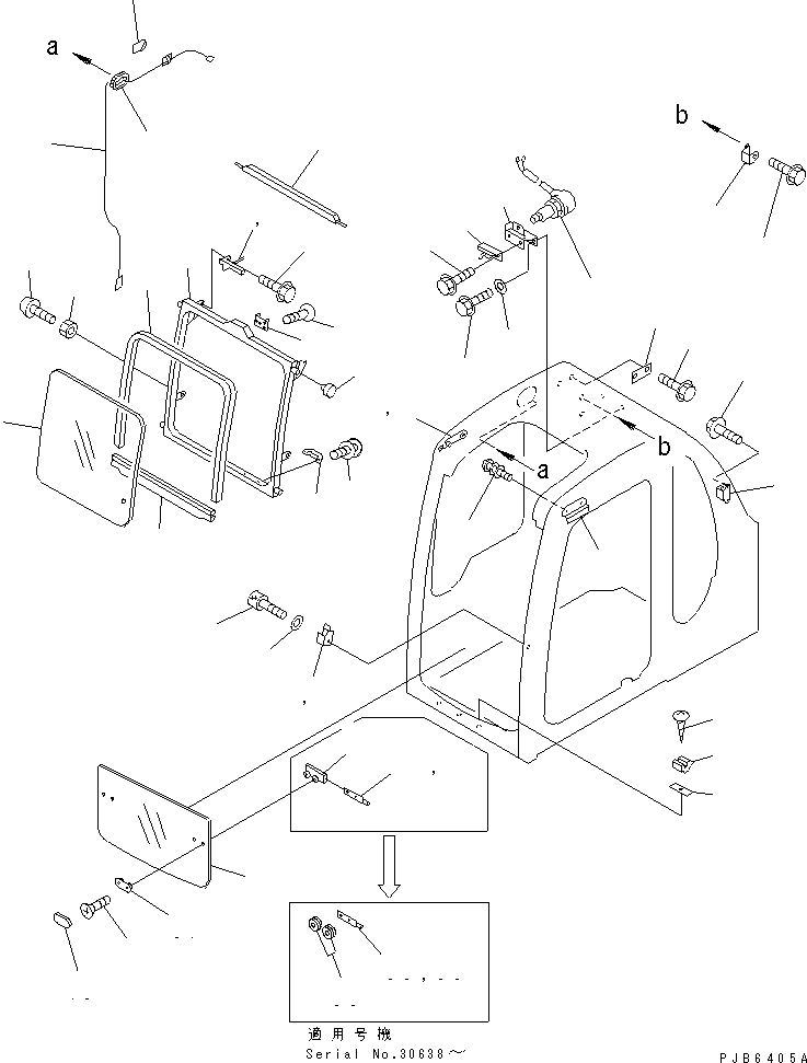 Komatsu parts book diagram for PC300-6Z S/N 30001-UP: OPERATOR'S CAB (FRONT WINDOW)(#30001-32999)
