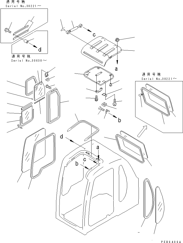 Komatsu parts book diagram for PC300-6Z S/N 30001-UP: OPERATOR'S CAB (WINDOW AND ROOF VENTILATOR)(#30001-32999)