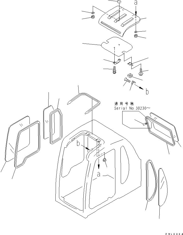 Komatsu parts book diagram for PC300-6Z S/N 30001-UP: OPERATOR'S CAB (WINDOW AND ROOF VENTILATOR)(#30139-32999)