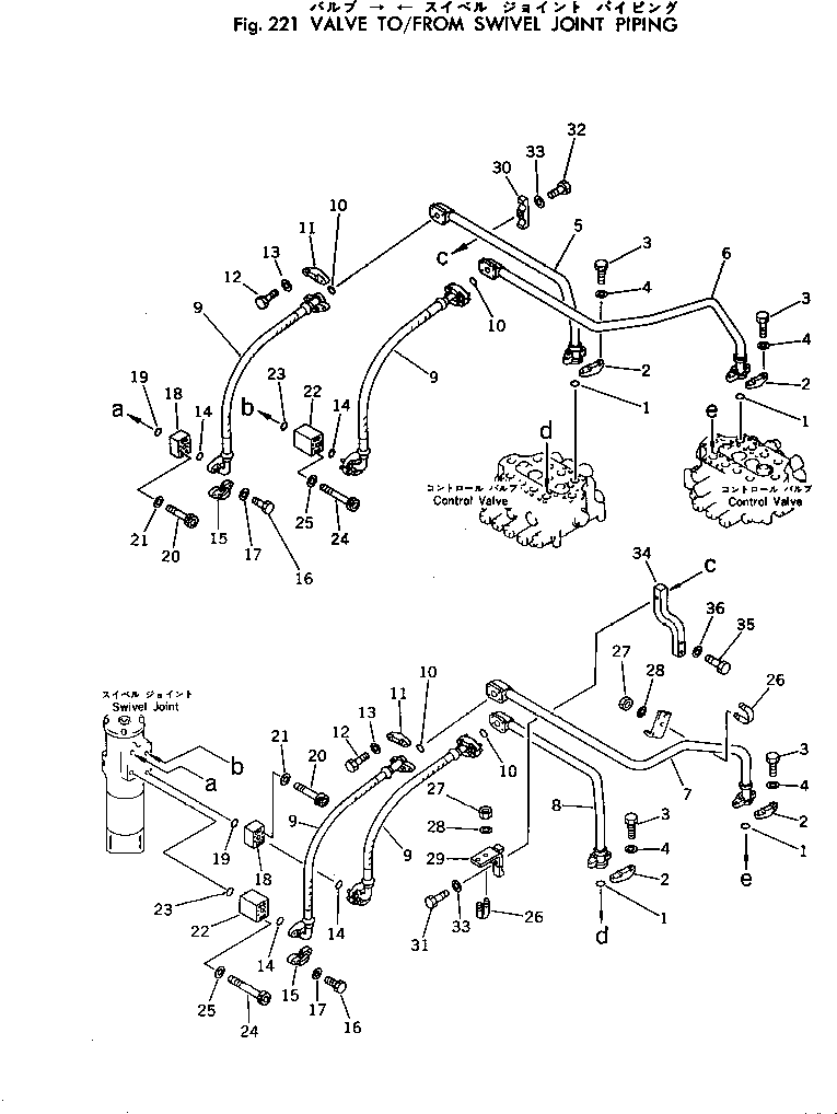 Komatsu parts book diagram for PC300-2 S/N 11001-UP: VALVE TO/FROM SWIVEL JOINT PIPING