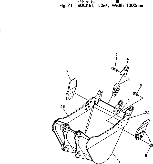 Komatsu parts book diagram for PC300-2 S/N 11001-UP: BUCKET 1.2M3 ? 1300MM