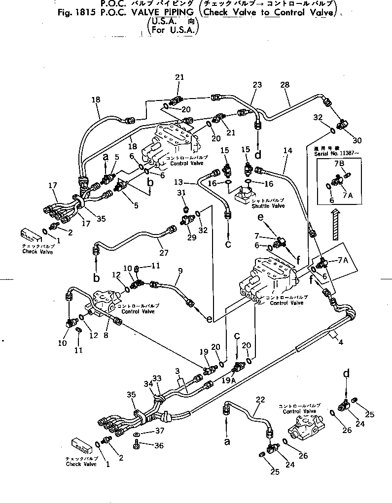 Komatsu parts book diagram for PC300-2 S/N 11001-UP: P.O.C. VALVE PIPING (CHECK VALVE TO CONTOROL VALVE) (FOR U.S