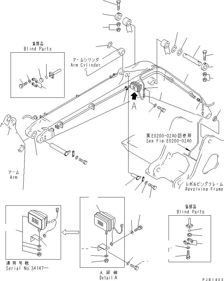 Komatsu parts book diagram for PC300-6Z S/N 30001-UP (Custom Spec.): BOOM (CYLINDER PIN AND WORKING LAMP) (FOR ADDITIONAL PIPING)