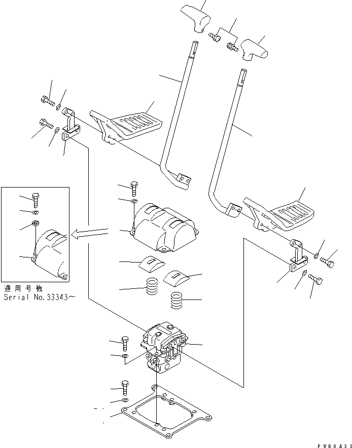 Komatsu parts book diagram for PC300-6 S/N 30001-UP: FLOOR FRAME (TRAVEL LEVER) (2 ACTUATOR)(#33001-34109)