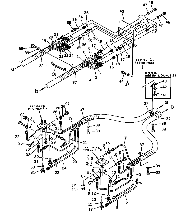 Komatsu parts book diagram for PC300LC-3 S/N 12001-UP: P.P.C. VALVE PIPING (1/3) (FOR LONG LEVER CONTROL)(#12121-12888)