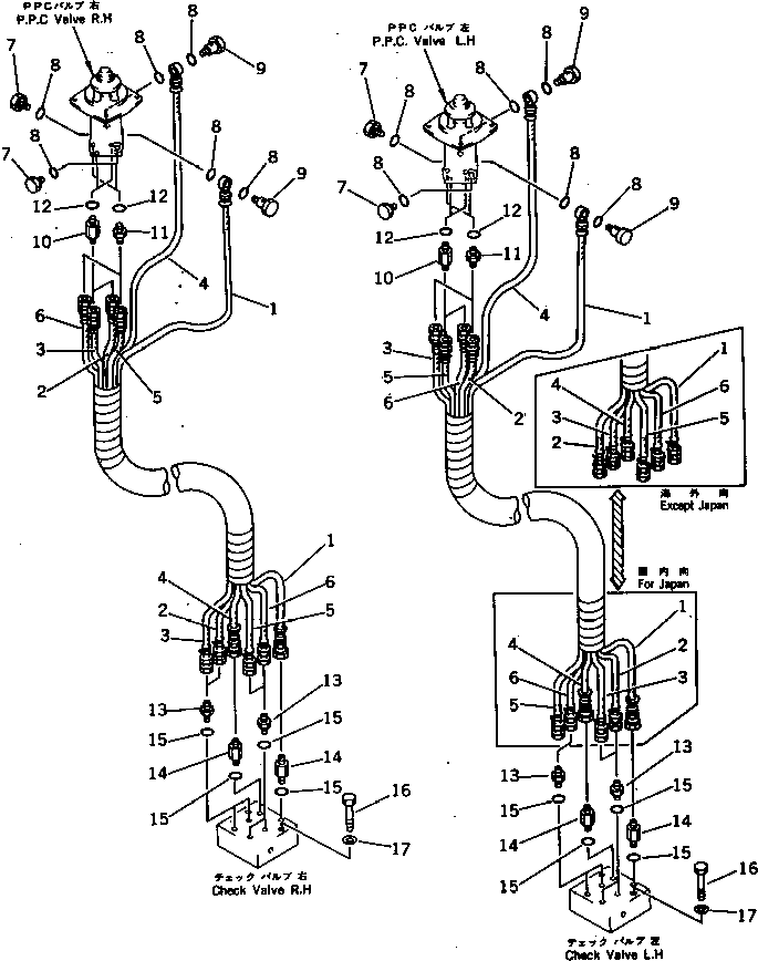 Komatsu parts book diagram for PC300LC-3 S/N 12001-UP: PPC VALVE PIPING(1/3)(FOR WRIST CONTROL)(WITHOUT AUTO DECELERATION)(WITHOUT SWING MECHANICAL BRAKE)