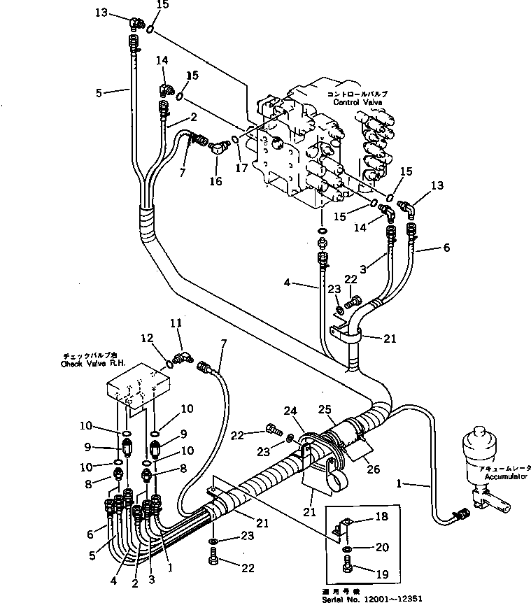 Komatsu parts book diagram for PC300LC-3 S/N 12001-UP: PPC VALVE PIPING(3/3)(FOR WRIST CONTROL)(WITHOUT AUTO DECELERATION)(WITHOUT SWING MECHANICAL BRAKE)(#12001-12637)