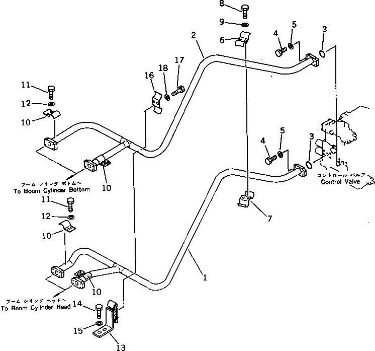 Komatsu parts book diagram for PC300LC-3 S/N 12001-UP: HYDRAULIC PIPING (BOOM CYLINDER LINE) (CHASSIS SIDE)