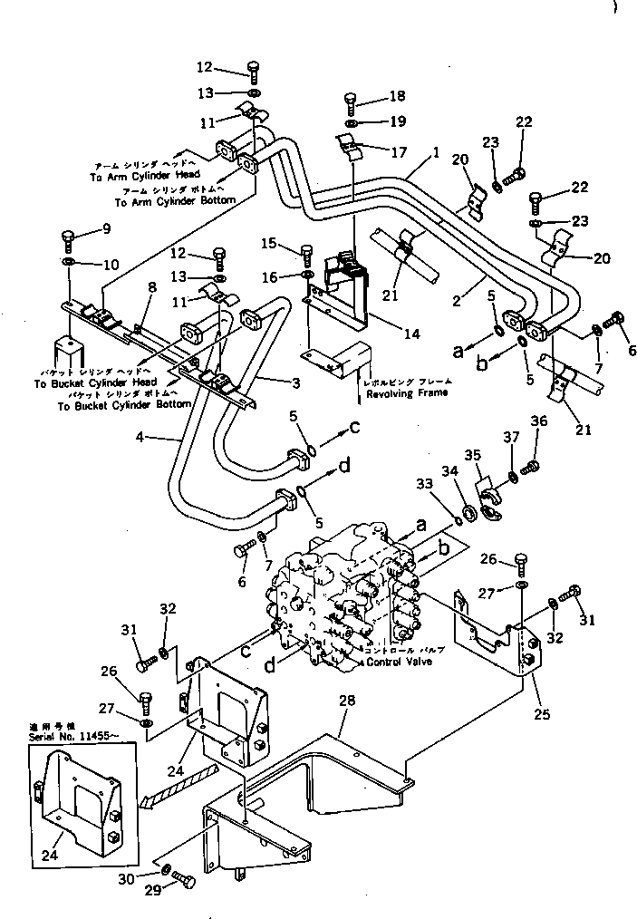 Komatsu parts book diagram for PC300LC-3 S/N 12001-UP: HYDRAULIC PIPING (ARM ? BUCKET CYLINDER LINE) (CHASSIS SIDE)