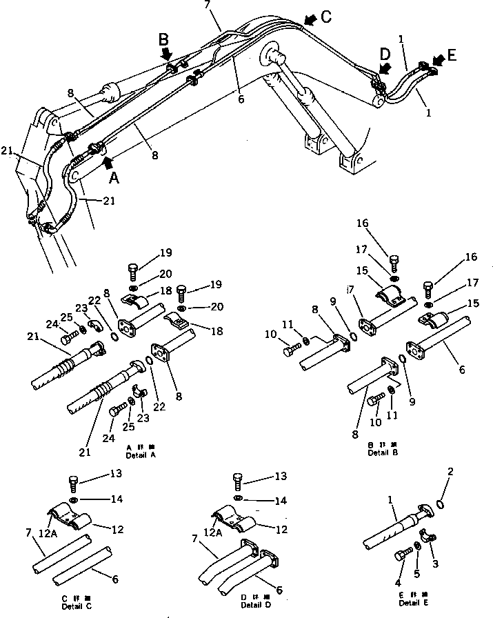 Komatsu parts book diagram for PC300LC-3 S/N 12001-UP: HYDRAULIC PIPING (BUCKET CYLINDER LINE) (ATTACHMENT SIDE)(#12001-12350)