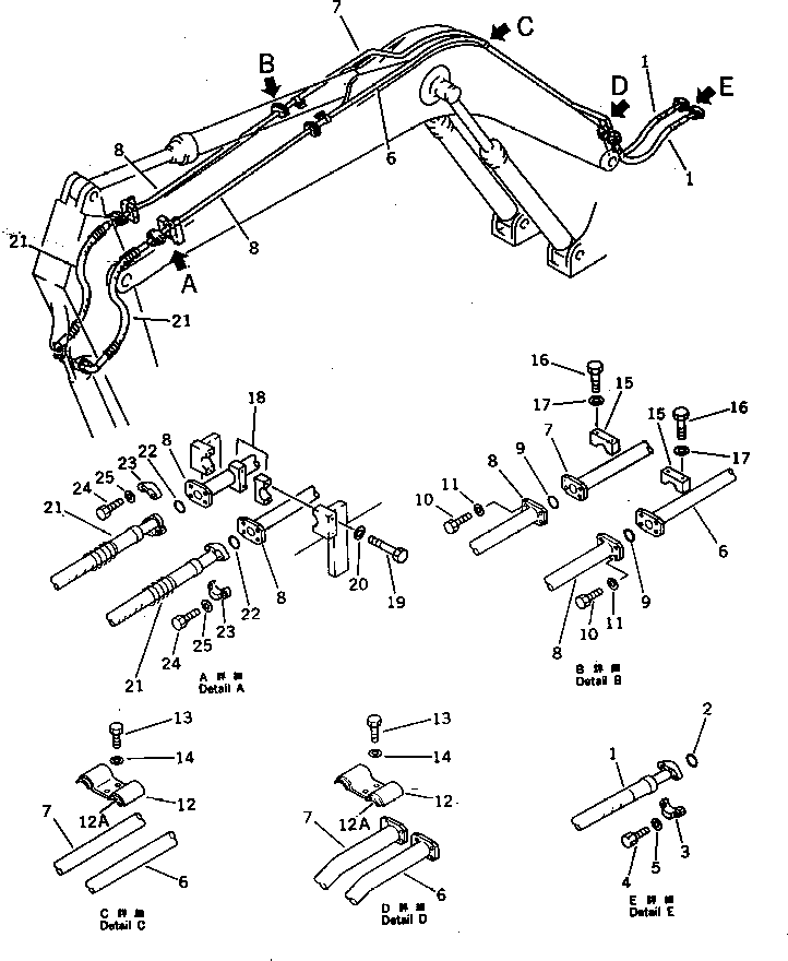 Komatsu parts book diagram for PC300LC-3 S/N 12001-UP: HYDRAULIC PIPING (BUCKET CYLINDER LINE) (ATTACHMENT SIDE)(#12351-)