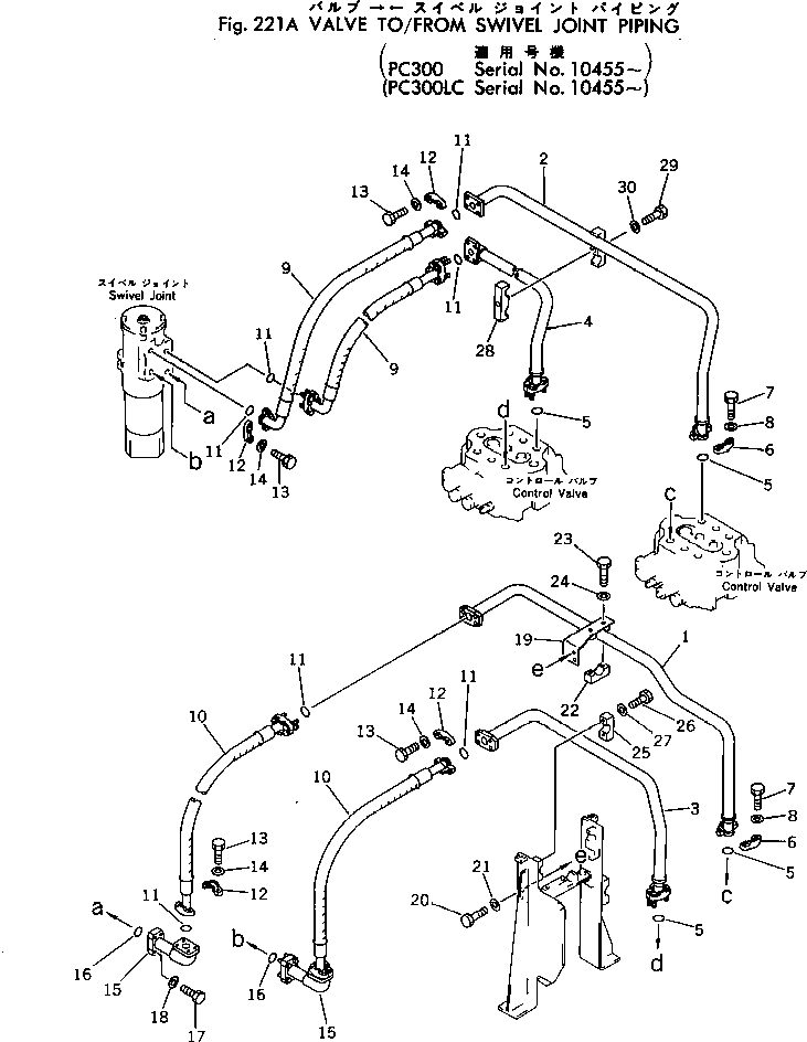 Komatsu parts book diagram for PC300LC-1 S/N 10001-UP: VALVE TO/FROM SWIVEL JOINT PIPING(#10455-)