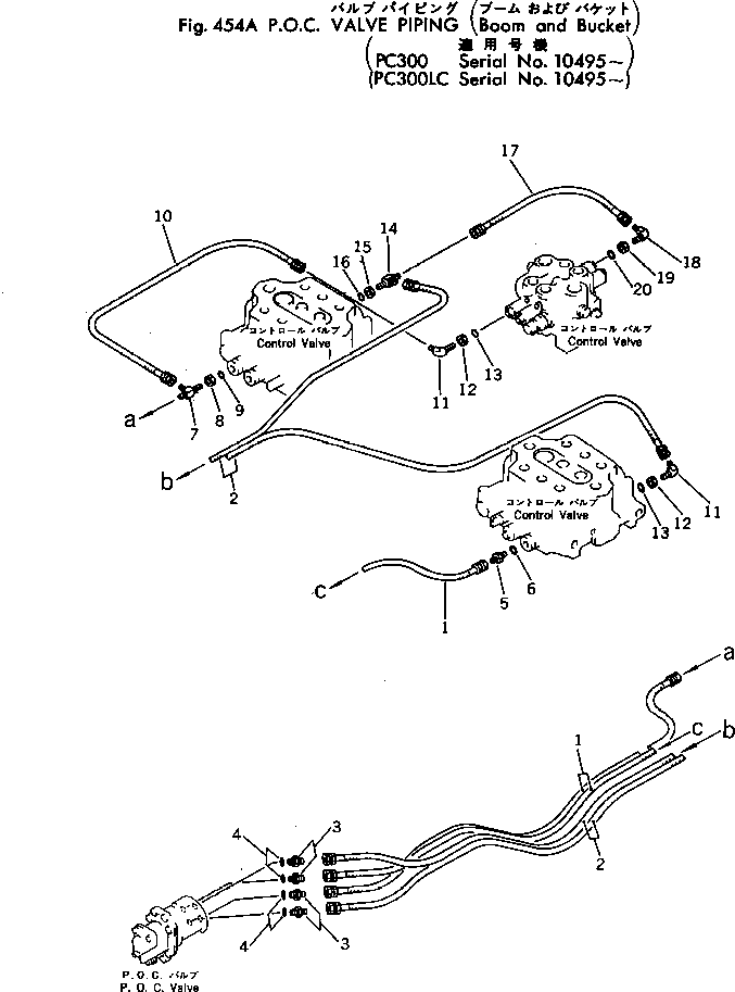 Komatsu parts book diagram for PC300LC-1 S/N 10001-UP: P.O.C.VALVE PIPING (BOOM AND BUCKET)(#10495-)