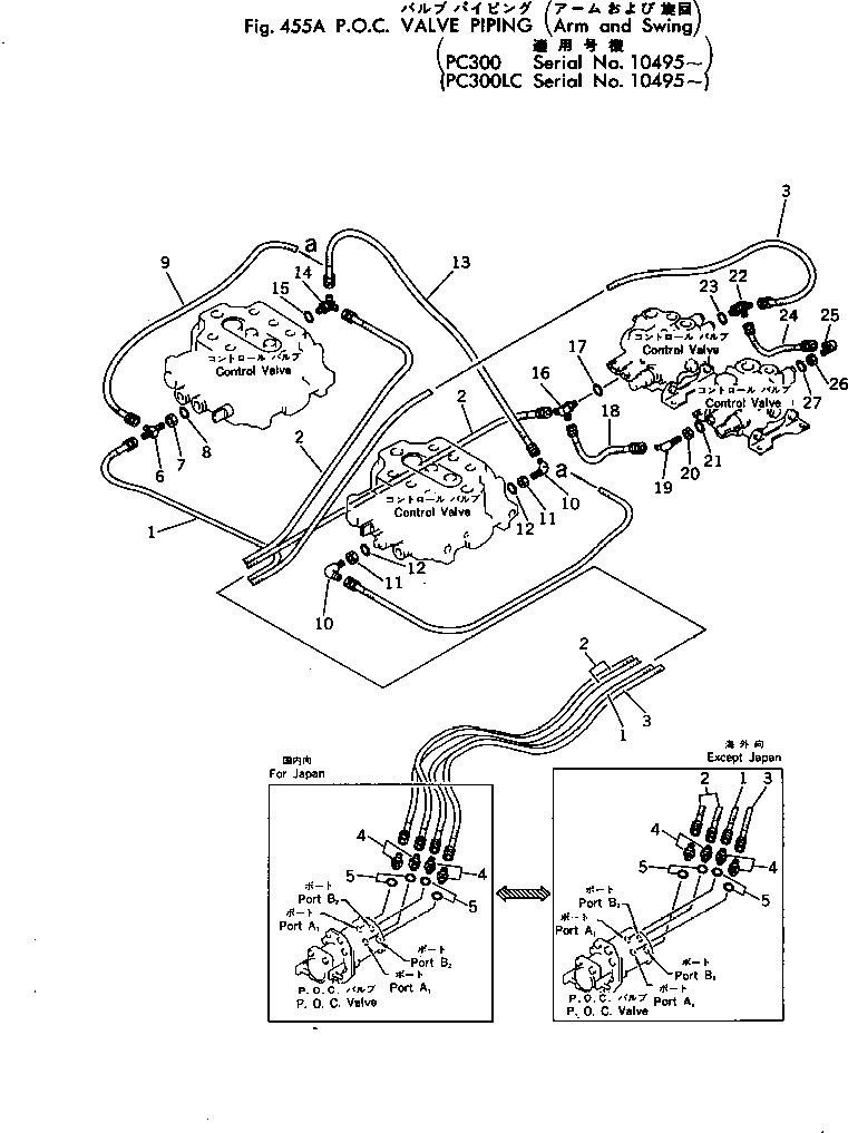 Komatsu parts book diagram for PC300LC-1 S/N 10001-UP: P.O.C.VALVE PIPING (BOOM AND SWING)(#10495-)