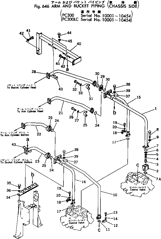 Komatsu parts book diagram for PC300LC-1 S/N 10001-UP: ARM AND BUCKET PIPING (CHASSIS SIDE)(#10001-10454)