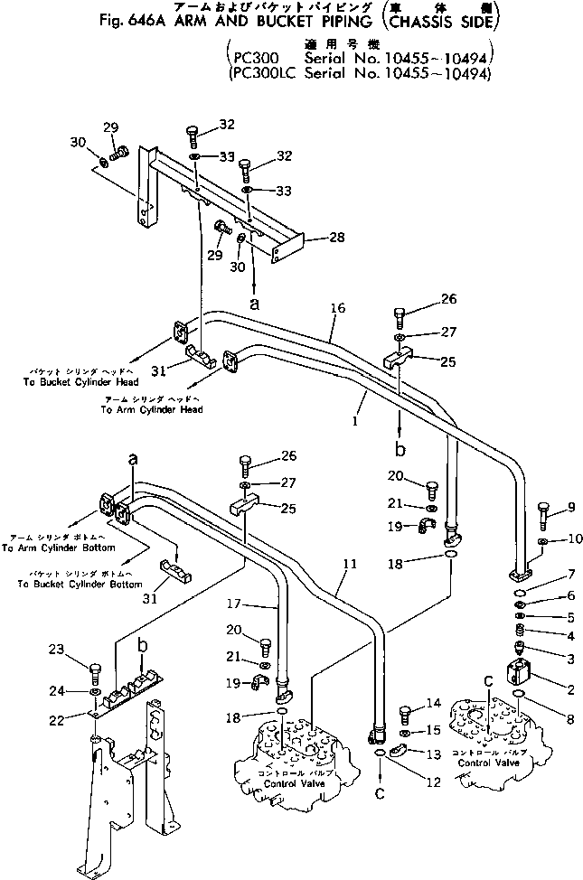 Komatsu parts book diagram for PC300LC-1 S/N 10001-UP: ARM AND BUCKET PIPING (CHASSIS SIDE)(#10455-10494)
