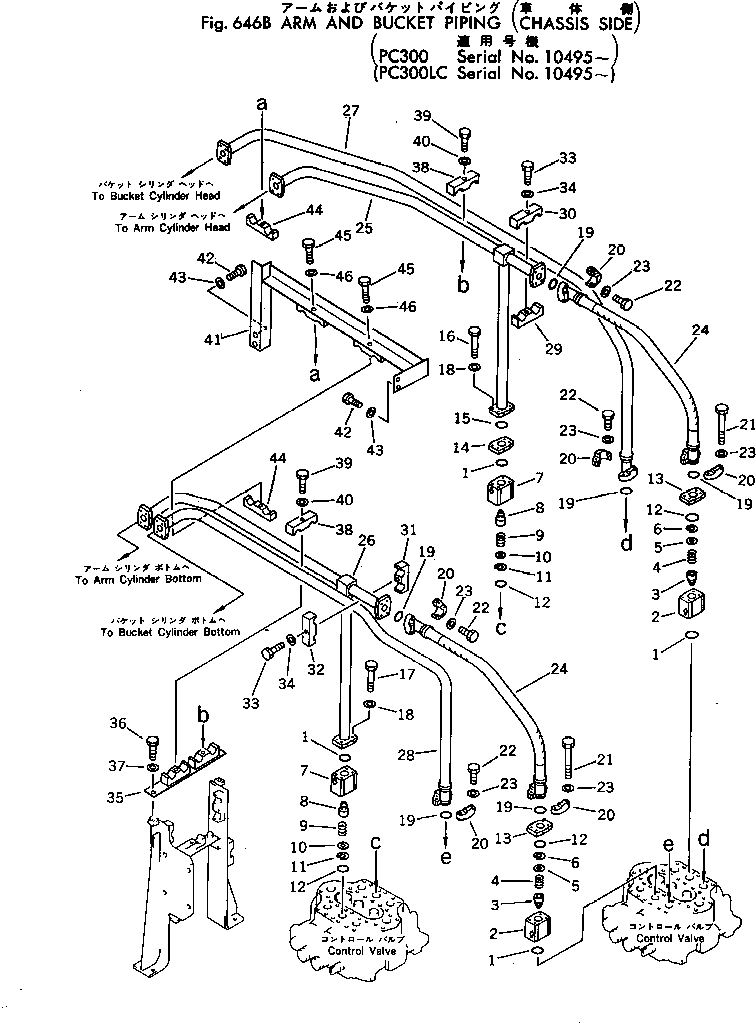 Komatsu parts book diagram for PC300LC-1 S/N 10001-UP: ARM AND BUCKET PIPING (CAHSSIS SIDE)(#10495-)