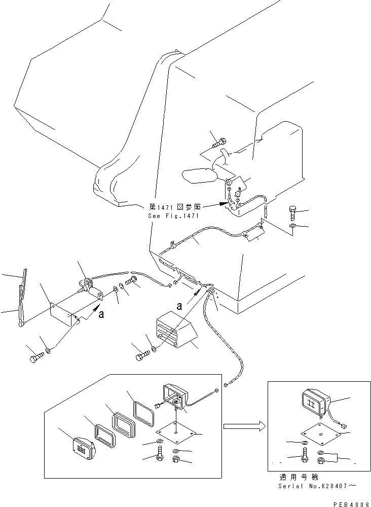 Komatsu parts book diagram for PC300LC-5K S/N K20001-UP: WORKING LAMP (FRONT) AND LOWER WIPER (FOR NORWAY ? SWEDEN ?        FINLAND)