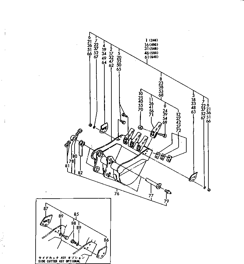 Excavators Komatsu / PC30FR-1 S/N 10001-UP(pc30fr-r) / BUCKET (TOOTH BOLT ON TYPE) (FOR ATTACHMENT) 0.05M3 - 0.11M3     WIDTH 340 ?490 ?540 ?590 AND 640MM(#10001-11000)(180100 : 7411-71)